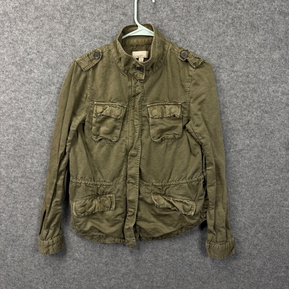 LOFT Military Utility Jacket Olive Green Button Snap Zip Pockets Size Small